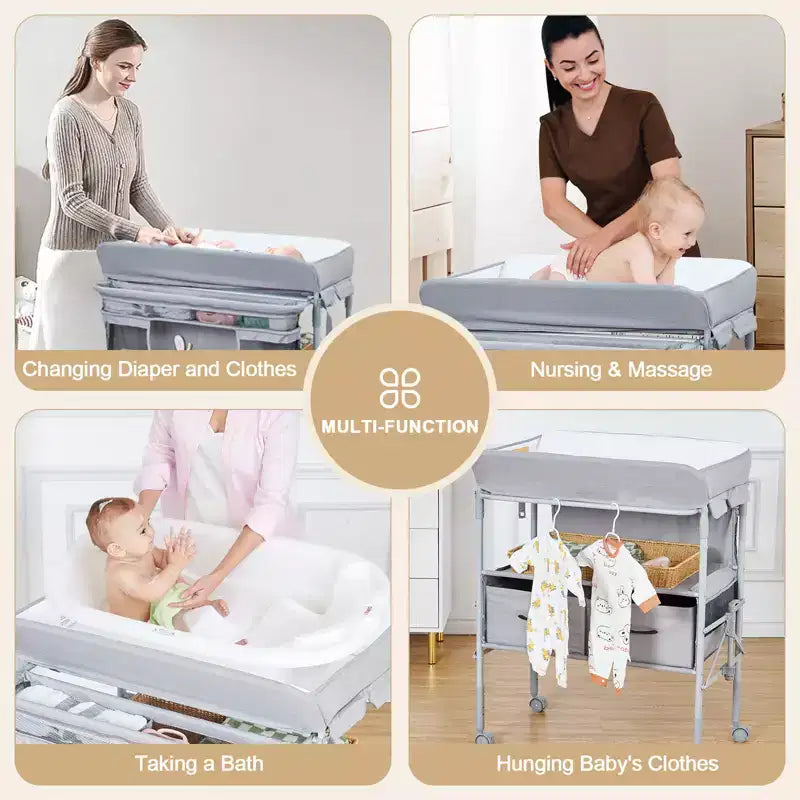 Cambiador de Bebé Portátil Ajustable con Ruedas, 2 Cajones y Superficie Impermeable, Estación Plegable para Pañales, Organizador Móvil de Guardería para Recién Nacidos