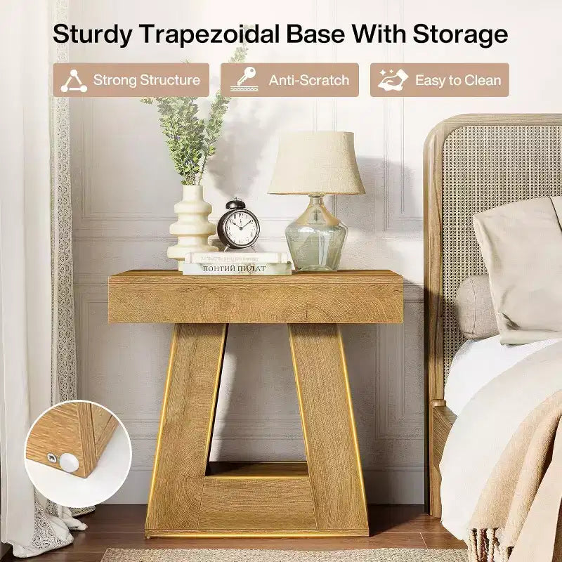 Juego de 2 mesas auxiliares modernas Lantine de 24 pulgadas, mesa auxiliar estrecha de madera de 2 niveles con base trapezoidal para sala de estar, dormitorio, color madera natural