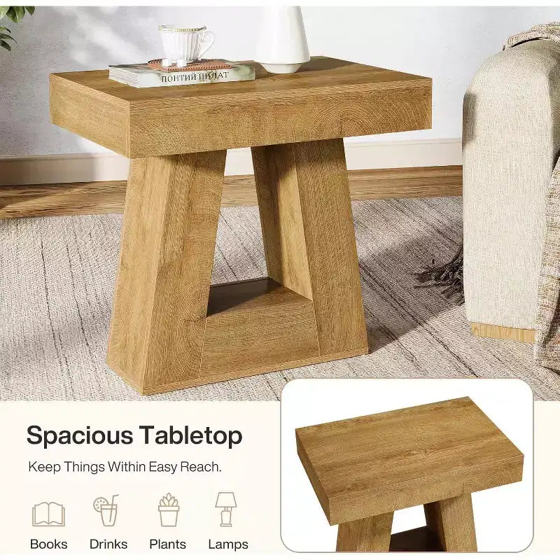 Juego de 2 mesas auxiliares modernas Lantine de 24 pulgadas, mesa auxiliar estrecha de madera de 2 niveles con base trapezoidal para sala de estar, dormitorio, color madera natural