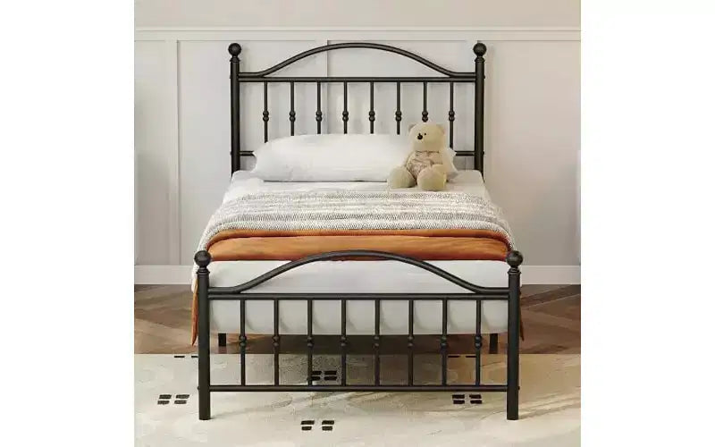 Cama de plataforma de metal, cabecero de hierro forjado victoriano, almacenamiento debajo de la cama, sin ruido, sin necesidad de somier, negro