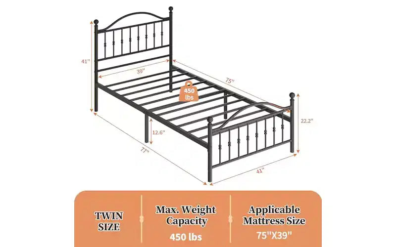 Cama de plataforma de metal, cabecero de hierro forjado victoriano, almacenamiento debajo de la cama, sin ruido, sin necesidad de somier, negro