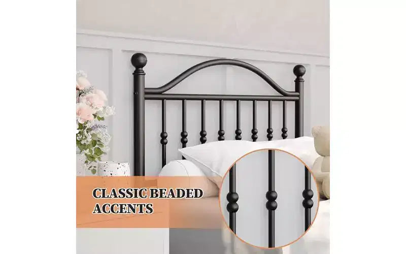 Cama de plataforma de metal, cabecero de hierro forjado victoriano, almacenamiento debajo de la cama, sin ruido, sin necesidad de somier, negro