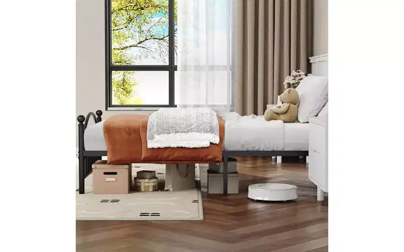 Cama de plataforma de metal, cabecero de hierro forjado victoriano, almacenamiento debajo de la cama, sin ruido, sin necesidad de somier, negro