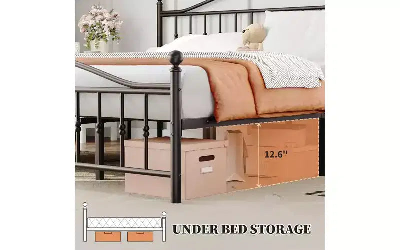 Cama de plataforma de metal, cabecero de hierro forjado victoriano, almacenamiento debajo de la cama, sin ruido, sin necesidad de somier, negro