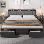 Estructura de cama con plataforma y 2 cajones de almacenamiento, cabecero tapizado, estación de carga integrada, robustas láminas de metal, no requiere somier.