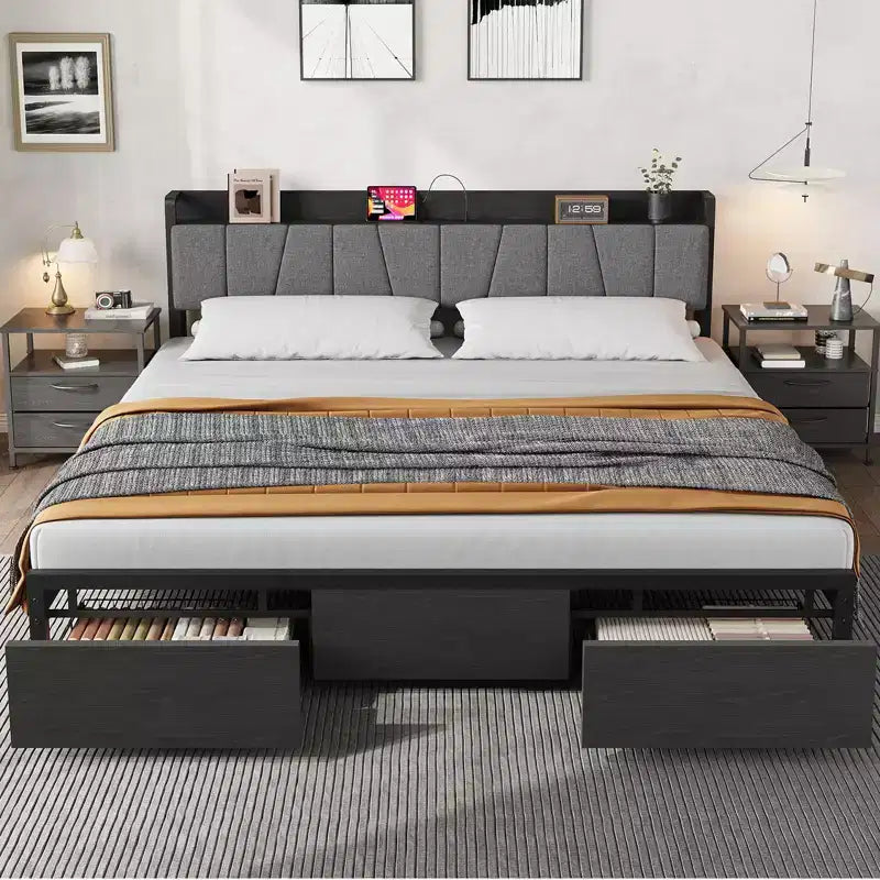 Estructura de cama con plataforma y 2 cajones de almacenamiento, cabecero tapizado, estación de carga integrada, robustas láminas de metal, no requiere somier.