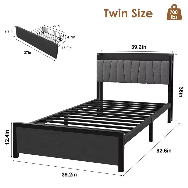 Estructura de cama con plataforma y 2 cajones de almacenamiento, cabecero tapizado, estación de carga integrada, robustas láminas de metal, no requiere somier.