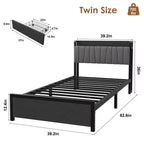 Estructura de cama con plataforma y 2 cajones de almacenamiento, cabecero tapizado, estación de carga integrada, robustas láminas de metal, no requiere somier.