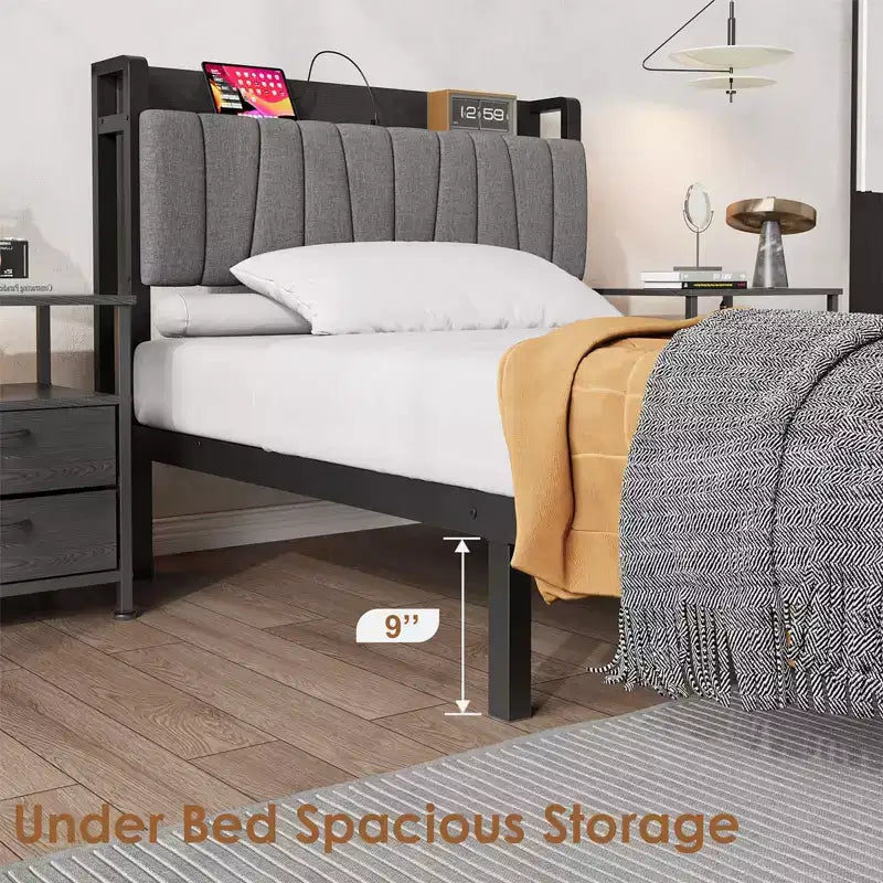 Estructura de cama con plataforma y 2 cajones de almacenamiento, cabecero tapizado, estación de carga integrada, robustas láminas de metal, no requiere somier.