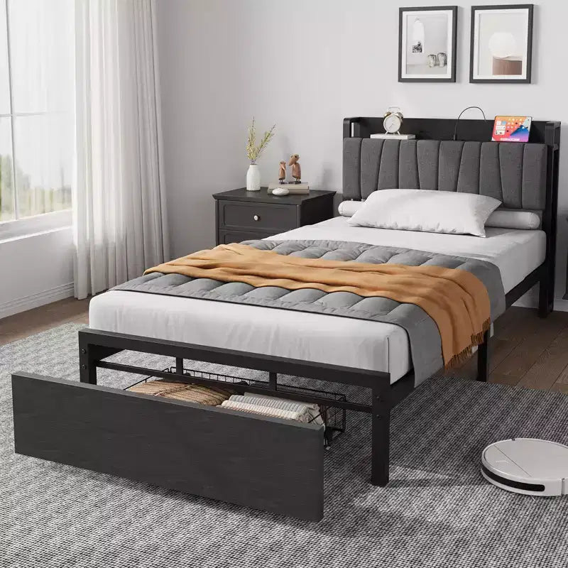 Estructura de cama con plataforma y 2 cajones de almacenamiento, cabecero tapizado, estación de carga integrada, robustas láminas de metal, no requiere somier.