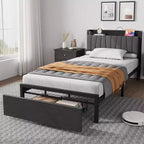 Estructura de cama con plataforma y 2 cajones de almacenamiento, cabecero tapizado, estación de carga integrada, robustas láminas de metal, no requiere somier.