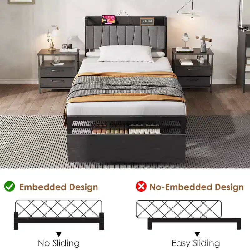 Estructura de cama con plataforma y 2 cajones de almacenamiento, cabecero tapizado, estación de carga integrada, robustas láminas de metal, no requiere somier.