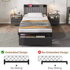 Estructura de cama con plataforma y 2 cajones de almacenamiento, cabecero tapizado, estación de carga integrada, robustas láminas de metal, no requiere somier.