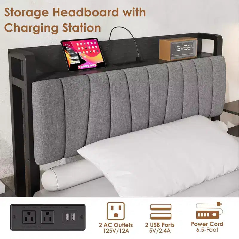 Estructura de cama con plataforma y 2 cajones de almacenamiento, cabecero tapizado, estación de carga integrada, robustas láminas de metal, no requiere somier.
