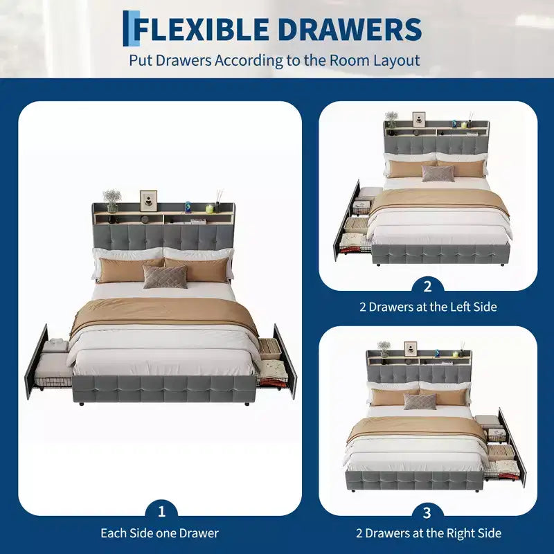 Base de Cama Tapizada Matrimonial con Cabecera y 2 Cajones de Almacenamiento
