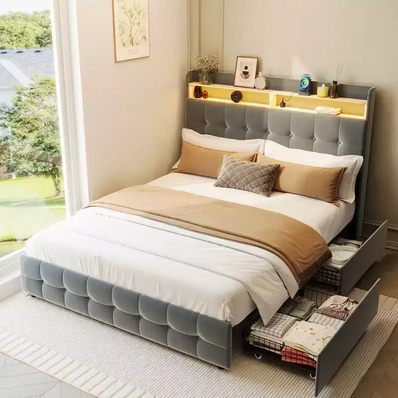 Base de Cama Tapizada Matrimonial con Cabecera y 2 Cajones de Almacenamiento