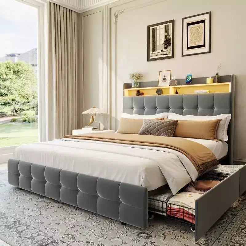 Base de Cama Tapizada Matrimonial con Cabecera y 2 Cajones de Almacenamiento