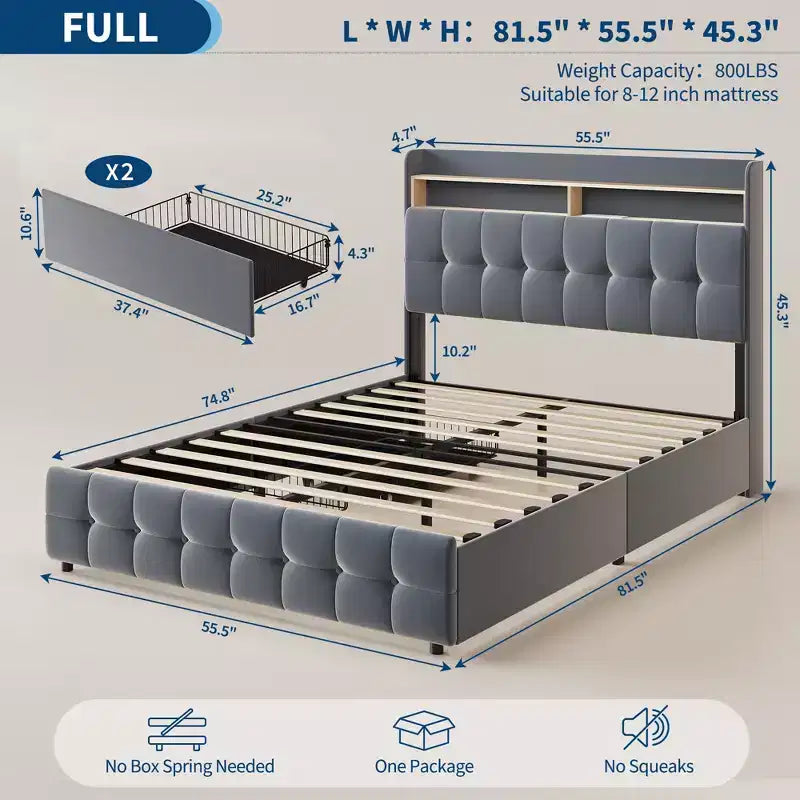 Base de Cama Tapizada Matrimonial con Cabecera y 2 Cajones de Almacenamiento