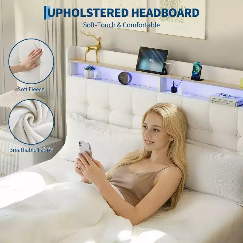 Base de Cama Tapizada Matrimonial con Cabecera y 2 Cajones de Almacenamiento