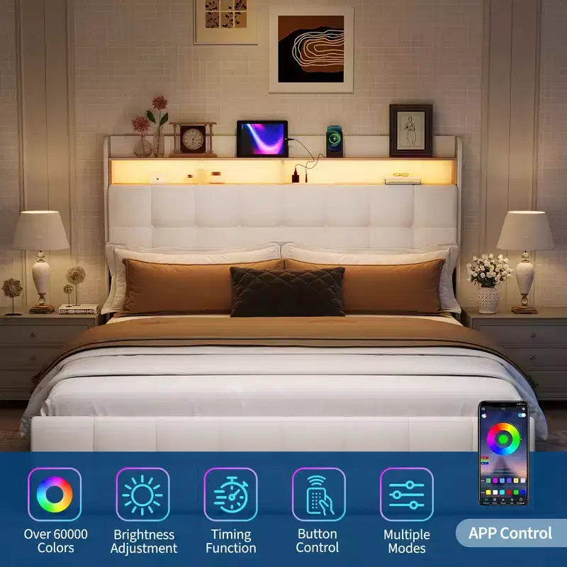 Base de Cama Tapizada Matrimonial con Cabecera y 2 Cajones de Almacenamiento