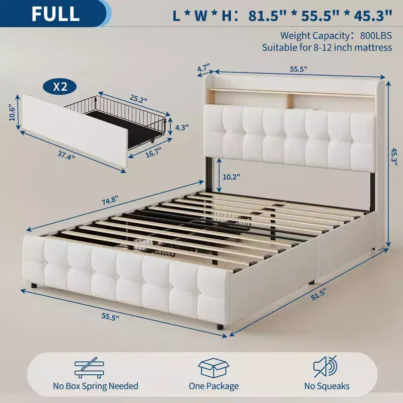 Base de Cama Tapizada Matrimonial con Cabecera y 2 Cajones de Almacenamiento