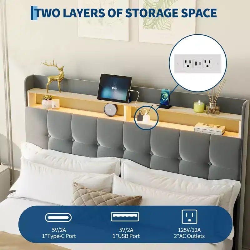 Base de Cama Tapizada Matrimonial con Cabecera y 2 Cajones de Almacenamiento