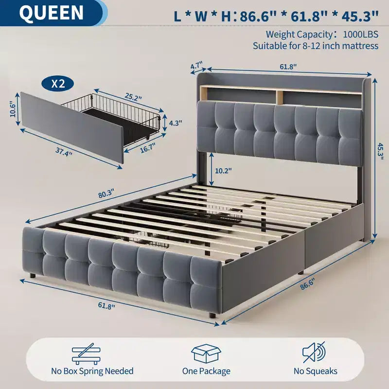 Base de Cama Tapizada Matrimonial con Cabecera y 2 Cajones de Almacenamiento