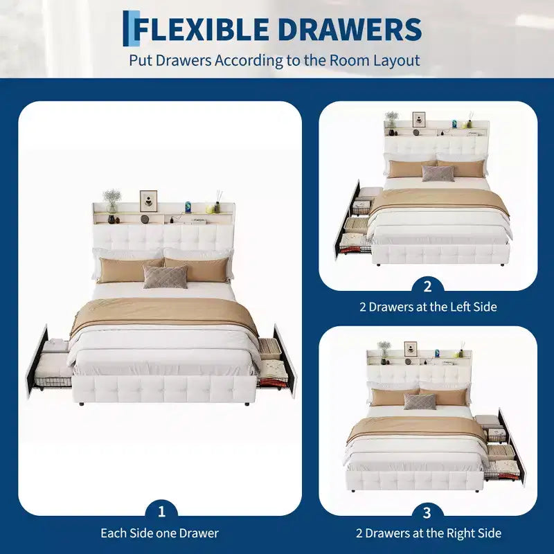 Base de Cama Tapizada Matrimonial con Cabecera y 2 Cajones de Almacenamiento