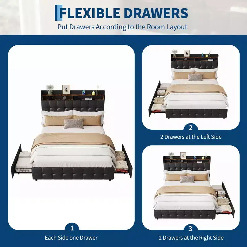 Base de Cama Tapizada Matrimonial con Cabecera y 2 Cajones de Almacenamiento