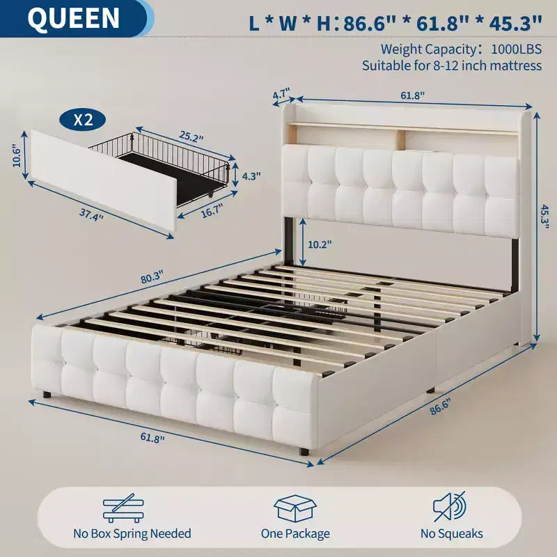 Base de Cama Tapizada Matrimonial con Cabecera y 2 Cajones de Almacenamiento