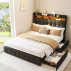 Base de Cama Tapizada Matrimonial con Cabecera y 2 Cajones de Almacenamiento