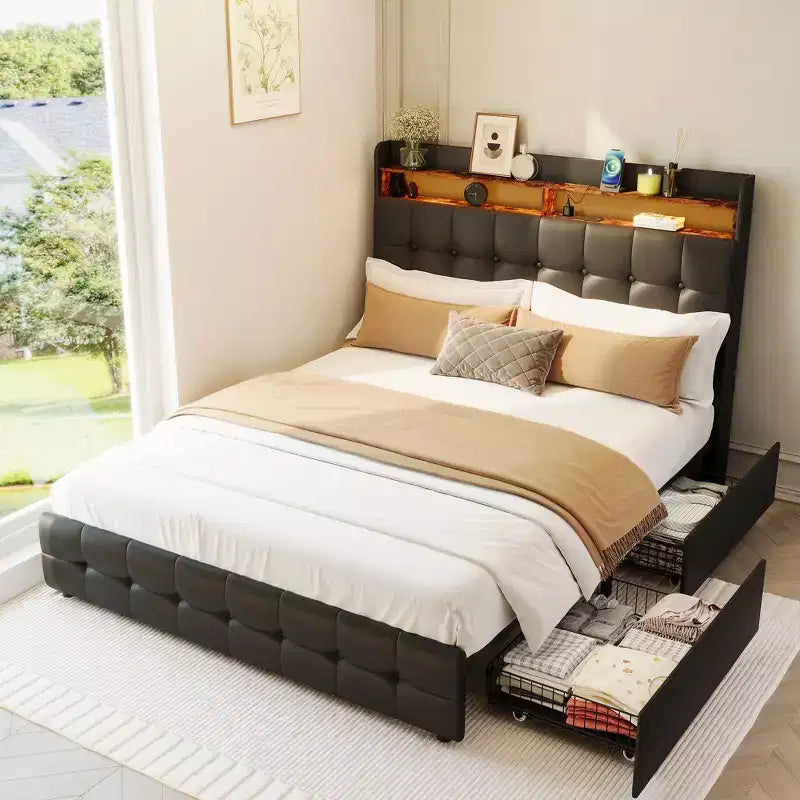 Base de Cama Tapizada Matrimonial con Cabecera y 2 Cajones de Almacenamiento