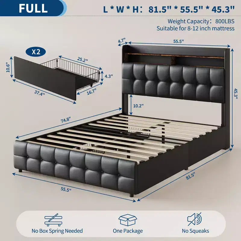 Base de Cama Tapizada Matrimonial con Cabecera y 2 Cajones de Almacenamiento