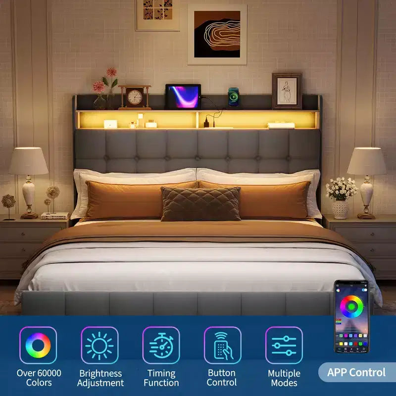 Base de Cama Tapizada Matrimonial con Cabecera y 2 Cajones de Almacenamiento