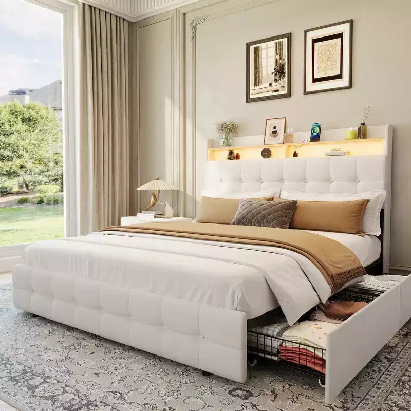 Base de Cama Tapizada Matrimonial con Cabecera y 2 Cajones de Almacenamiento