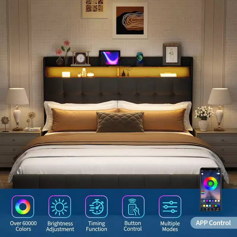 Base de Cama Tapizada Matrimonial con Cabecera y 2 Cajones de Almacenamiento