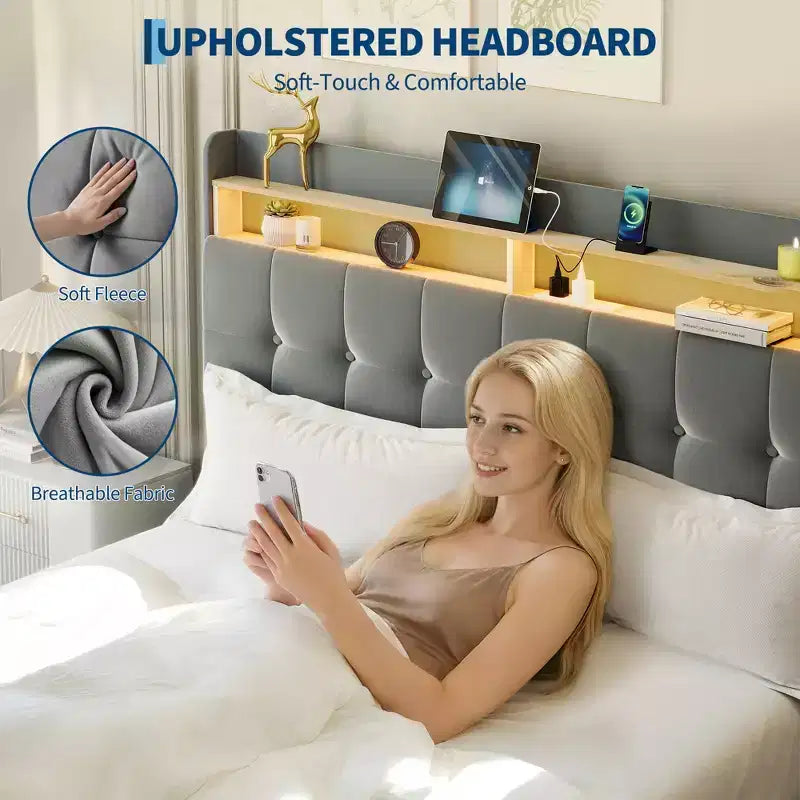 Base de Cama Tapizada Matrimonial con Cabecera y 2 Cajones de Almacenamiento