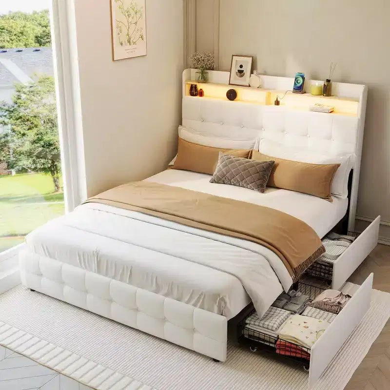Base de Cama Tapizada Matrimonial con Cabecera y 2 Cajones de Almacenamiento