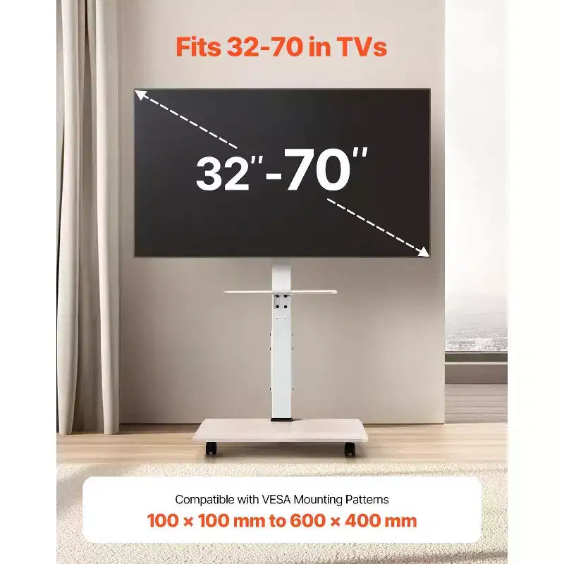 Carro de TV móvil con ruedas para televisores de 32 a 70 pulgadas con soporte giratorio ajustable en altura y bandeja para multimedia