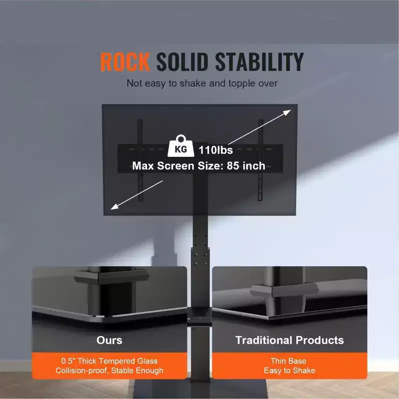 Soporte de TV de suelo giratorio de altura regulable para televisores de 32 a 85 pulgadas con base de cristal templado - Negro