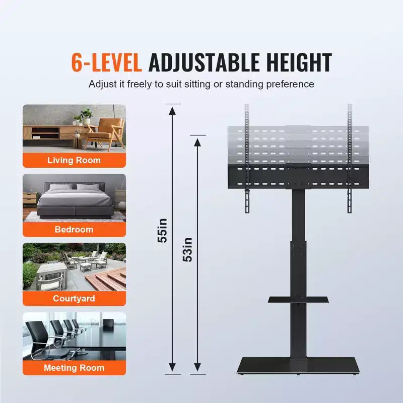 Soporte de TV de suelo giratorio de altura regulable para televisores de 32 a 85 pulgadas con base de cristal templado - Negro