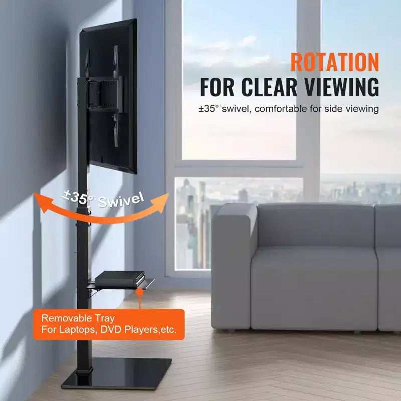 Soporte de TV de suelo giratorio de altura regulable para televisores de 32 a 85 pulgadas con base de cristal templado - Negro