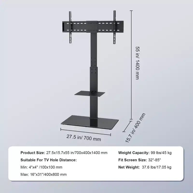 Soporte de TV de suelo giratorio de altura regulable para televisores de 32 a 85 pulgadas con base de cristal templado - Negro