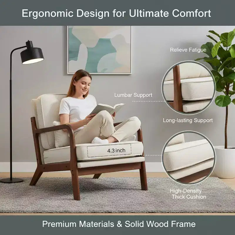 Sillón moderno Summit Adventure con brazos, estructura de madera maciza color crema y cojín lumbar, asiento auxiliar para sala de estar