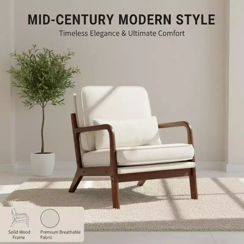 Sillón moderno Summit Adventure con brazos, estructura de madera maciza color crema y cojín lumbar, asiento auxiliar para sala de estar