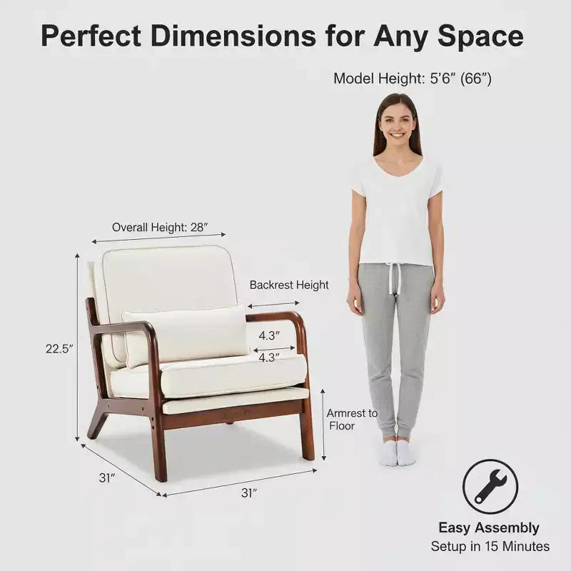 Sillón moderno Summit Adventure con brazos, estructura de madera maciza color crema y cojín lumbar, asiento auxiliar para sala de estar