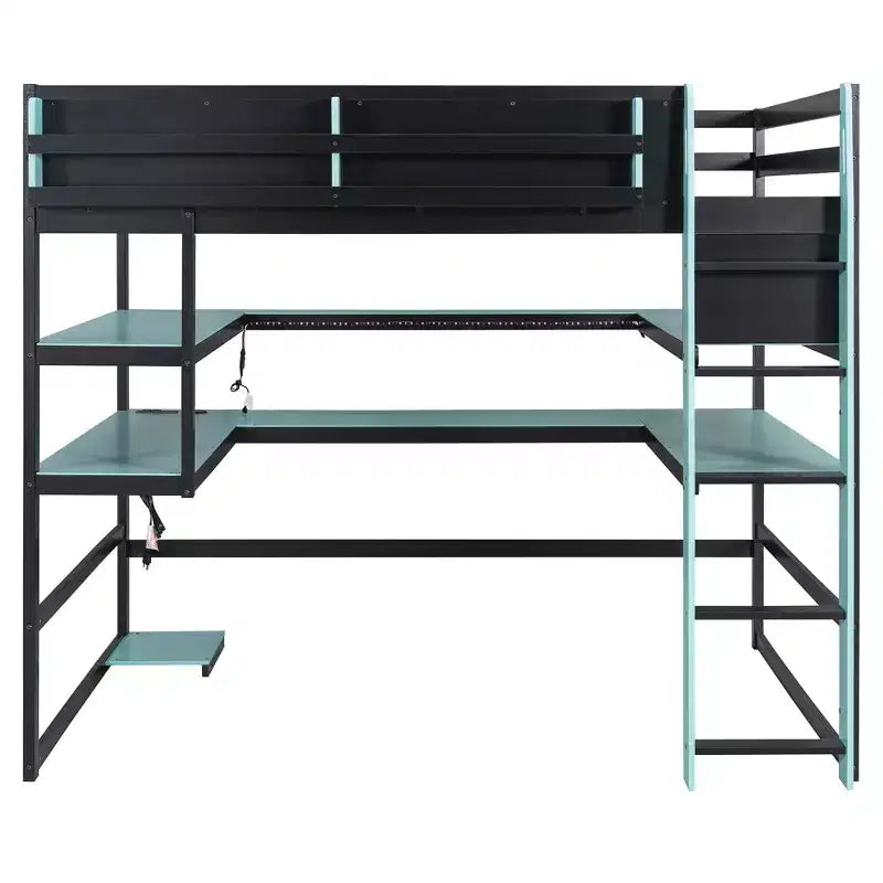 Cama alta gamer moderna completa Luxystar con escritorio iluminado, estantería de almacenamiento, estantes y tomas de corriente