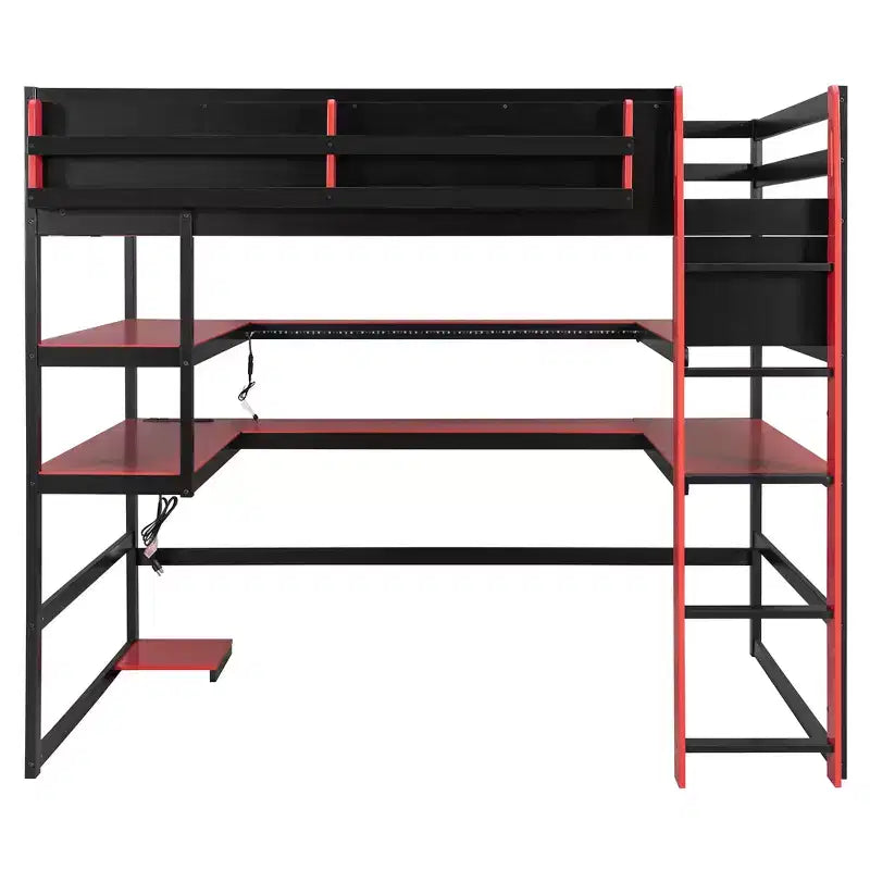 Cama alta gamer moderna completa Luxystar con escritorio iluminado, estantería de almacenamiento, estantes y tomas de corriente