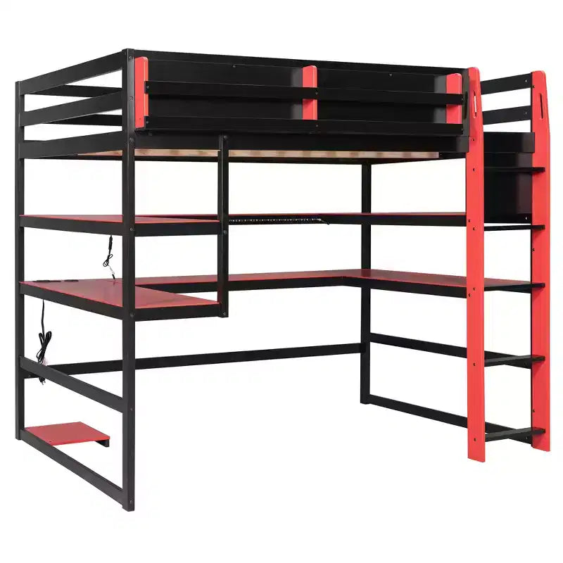 Cama alta gamer moderna completa Luxystar con escritorio iluminado, estantería de almacenamiento, estantes y tomas de corriente
