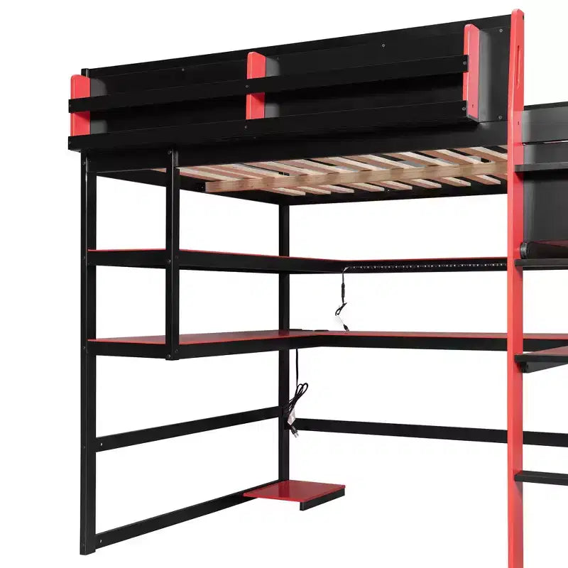 Cama alta gamer moderna completa Luxystar con escritorio iluminado, estantería de almacenamiento, estantes y tomas de corriente